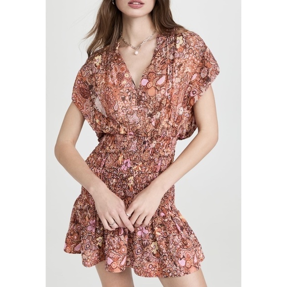 NWT A.L.C. Carly Smocked Print Silk Mini Dress in Sorbet Multi Sz. 10 - Picture 8 of 15